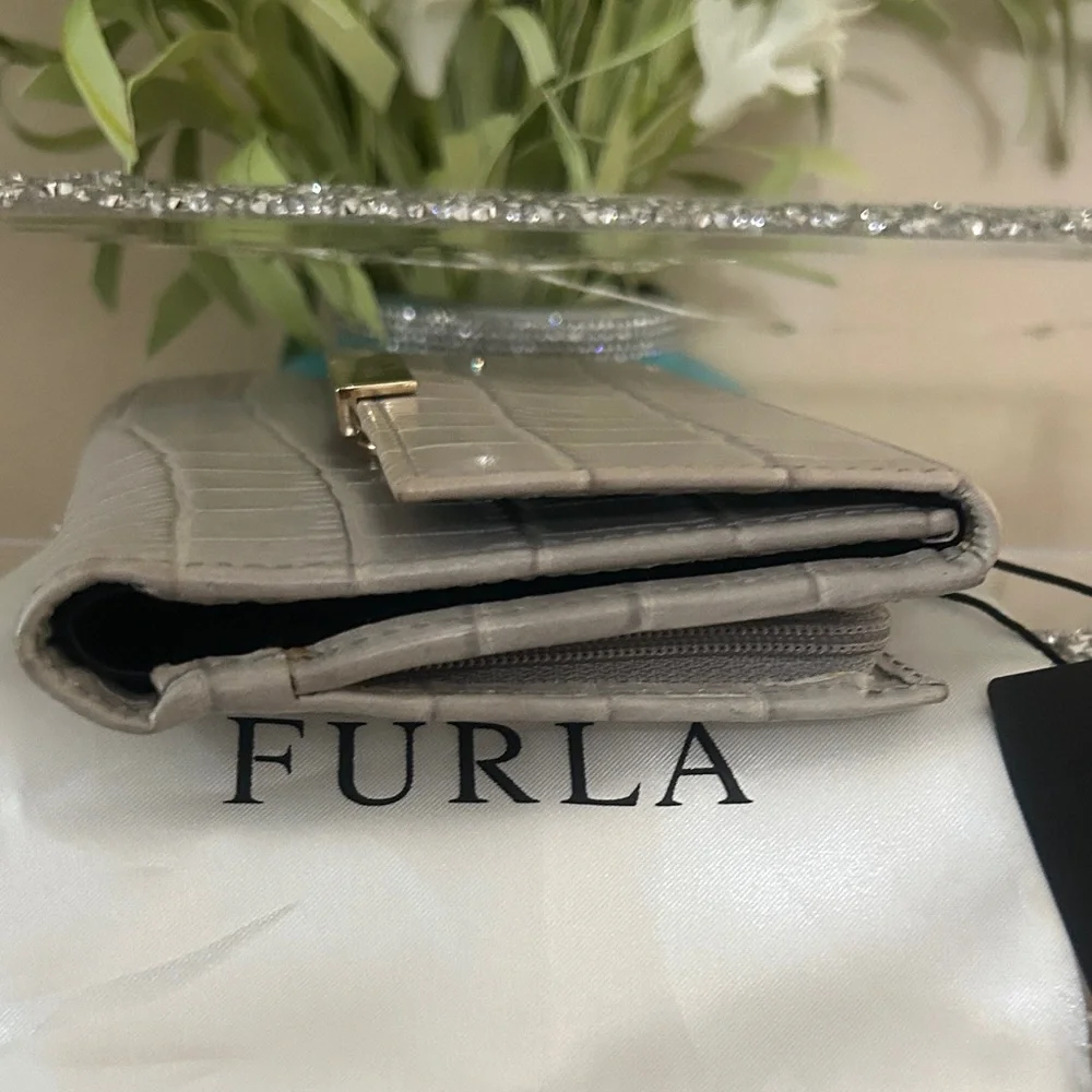 FURLA Light Gray Croc-Embossed Wallet With Dust Bag NWT